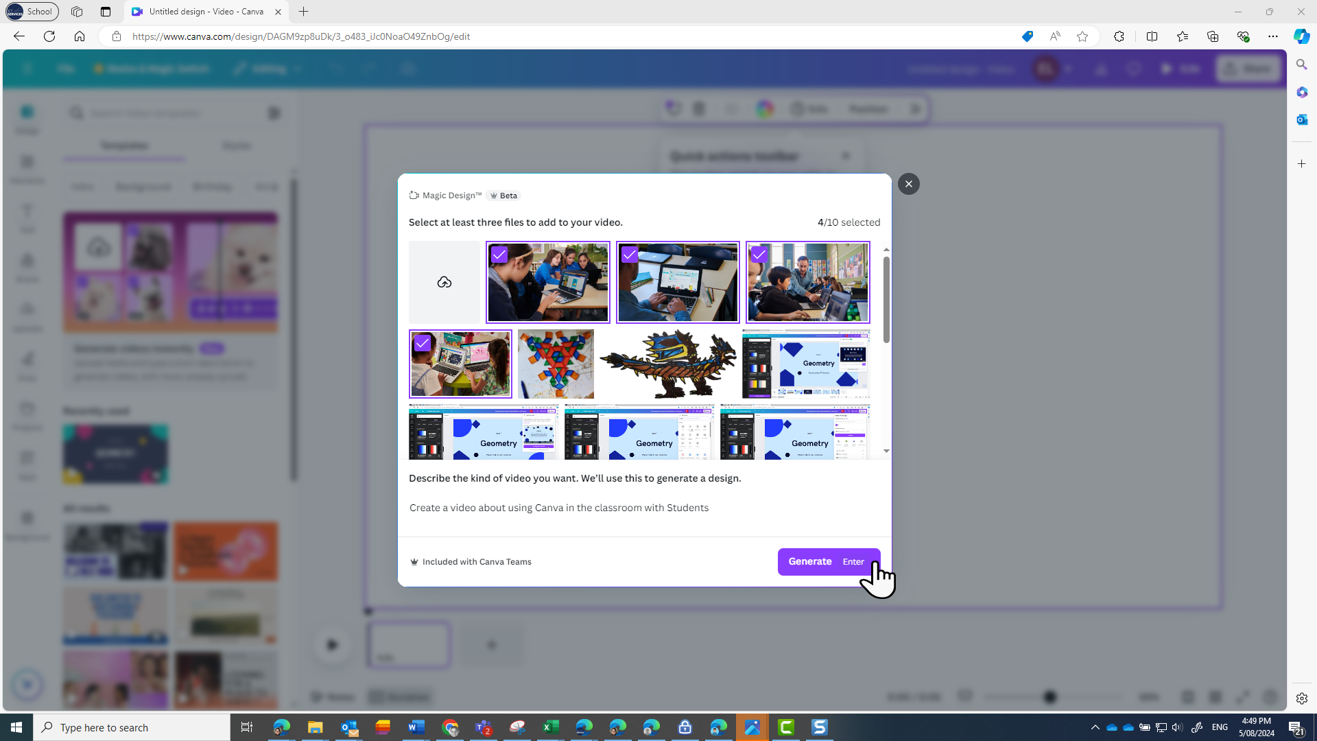 : Images selected to generate a video and mouse hovering over the Generate button.