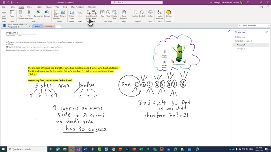 A maths page in a student folder in the OneNote showing a Maths problem, the student’s hand drawn working out and a crayon sticker and recorded feedback added by the teacher.