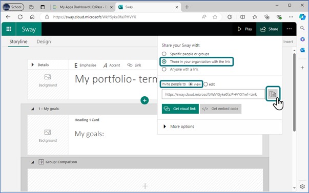Sharing options selected for sharing the Sway template with students. Selections: the second option, &lsquo;those in your organisation with the link&rsquo;, and &lsquo;invite people to view&rsquo;. The cursor is hovering over the copy icon next to the link.