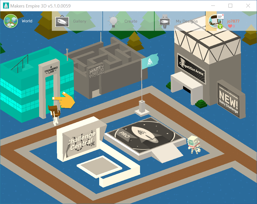 Makers Empire app home screen showing the student avatar outside the 'Training Lab' building in the left corner. Other parts of the Makers Empire world, like Challenge Central, Daily Challenge, Competition Arena, and Maze, are visible. Tabs at the top allow access to the gallery, create free designs, view past designs, and check messages or feedback from teachers and peers.