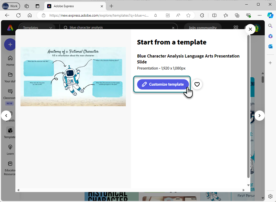A blue template with an astronaut character and several text boxes has been selected. The cursor is hovering over the purple ‘Customize template’ button.