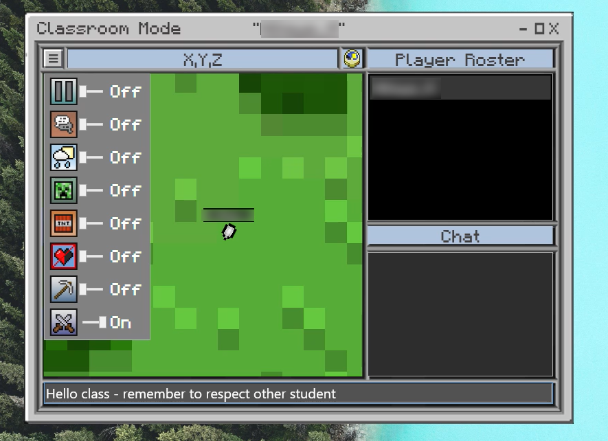 Screenshot of the Classroom mode companion app showing the settings which a teacher can toggle off in a left drop down menu the location of players in the world (1 player) the player roster and the chat window.  The mouse has been right clicked and a &lsquo;teleport all here&rsquo; button is showing for the teacher to select.