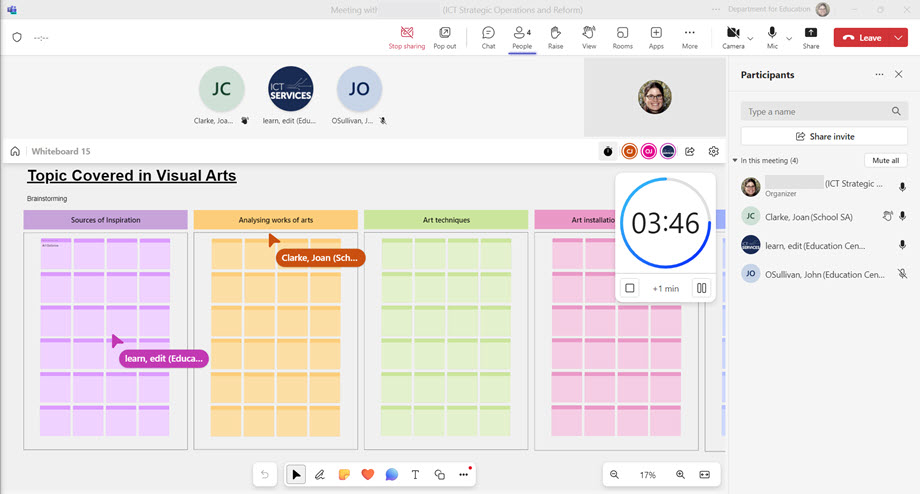 Timer showing on a whiteboard being used in a Microsoft Teams meeting. You can see where on the whiteboards students are working as their names are showing next to their cursors on the whiteboard.