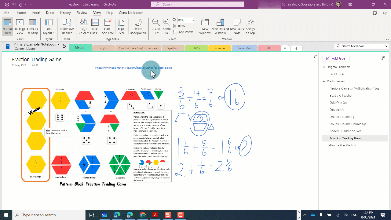 Class Notebook example with a classroom maths game showing. To change the layout of OneNote to display as vertical tabs, open the &lsquo;view&rsquo; ribbon, click or tap on the layout tab and select &lsquo;vertical tabs&rsquo;.