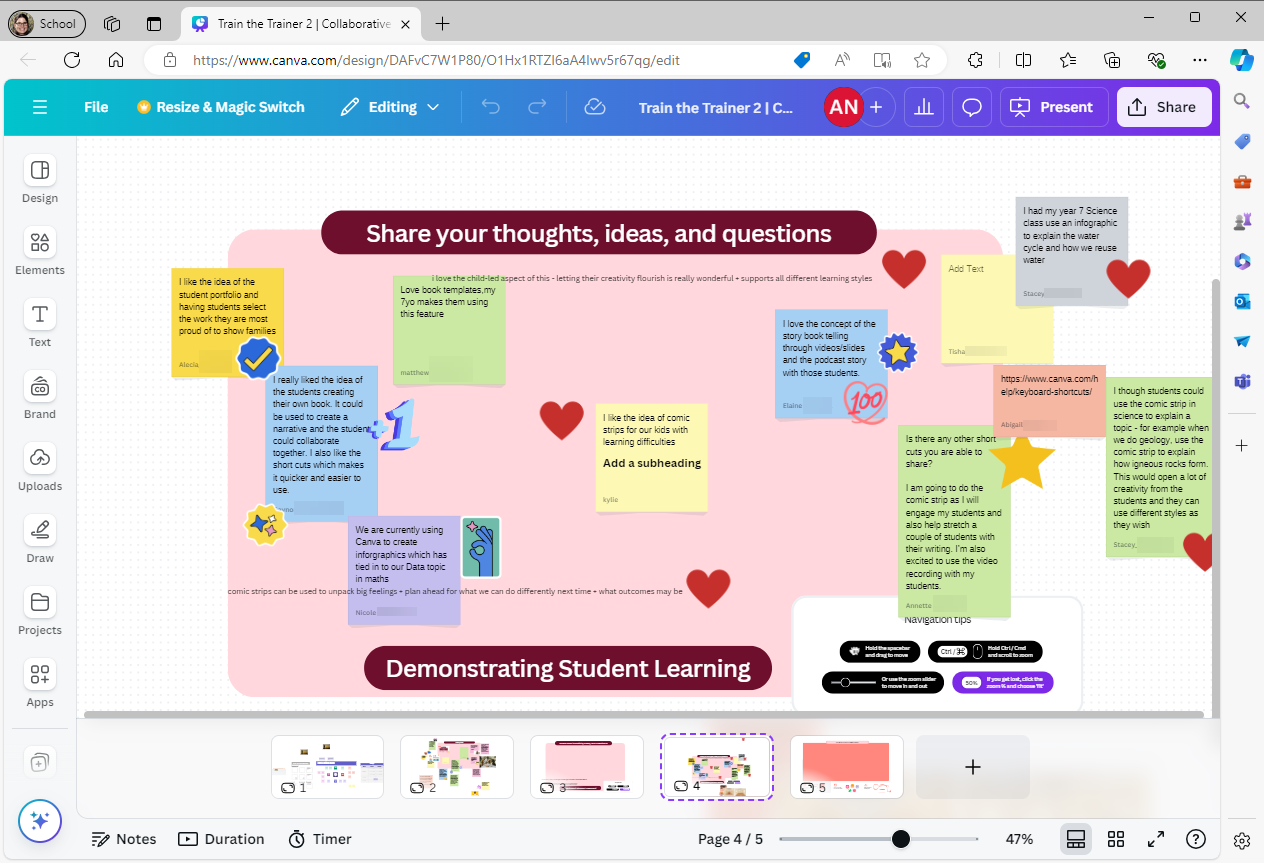 Canva Whiteboard where different people have contributed their thoughts and ideas on sticky notes. People have placed stickers, hearts, ticks and stars next to ideas that they like.  
