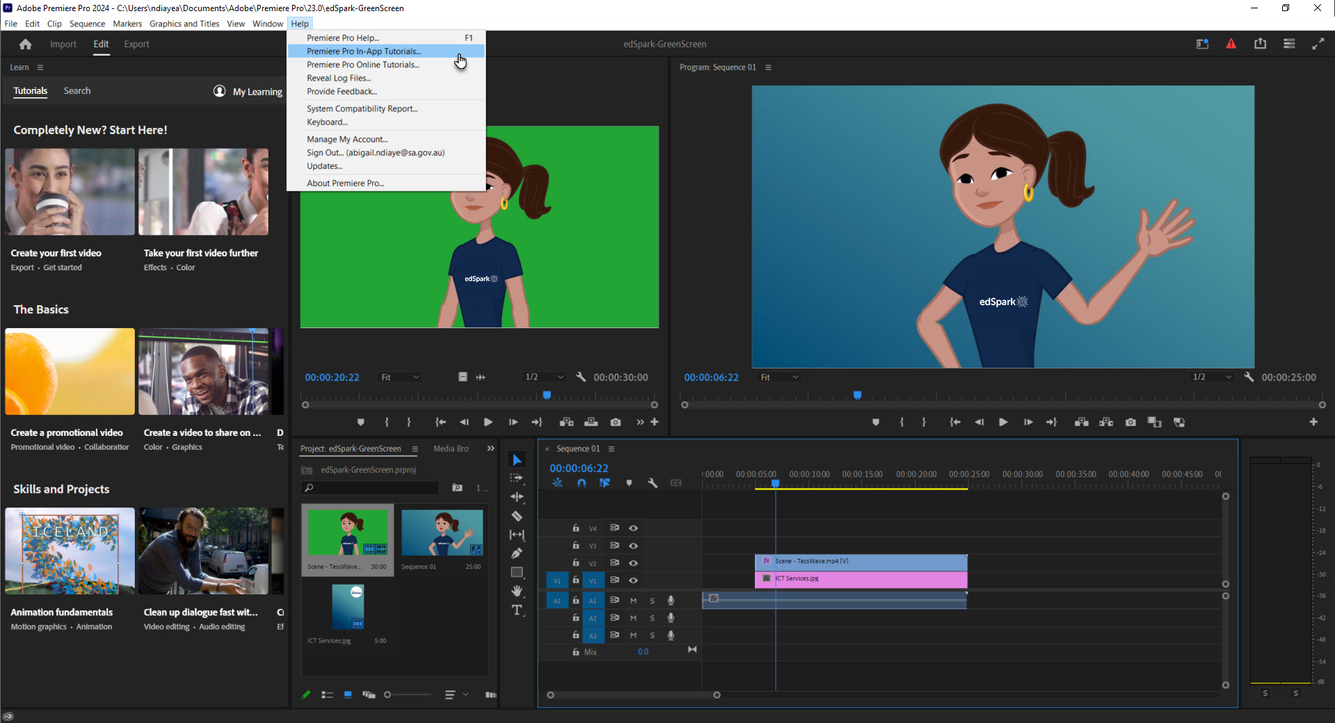 Premiere Pro screen with the help menu expanded. The cursor is hovering over &lsquo;Premier Pro In-App Tutorials&rsquo;. 