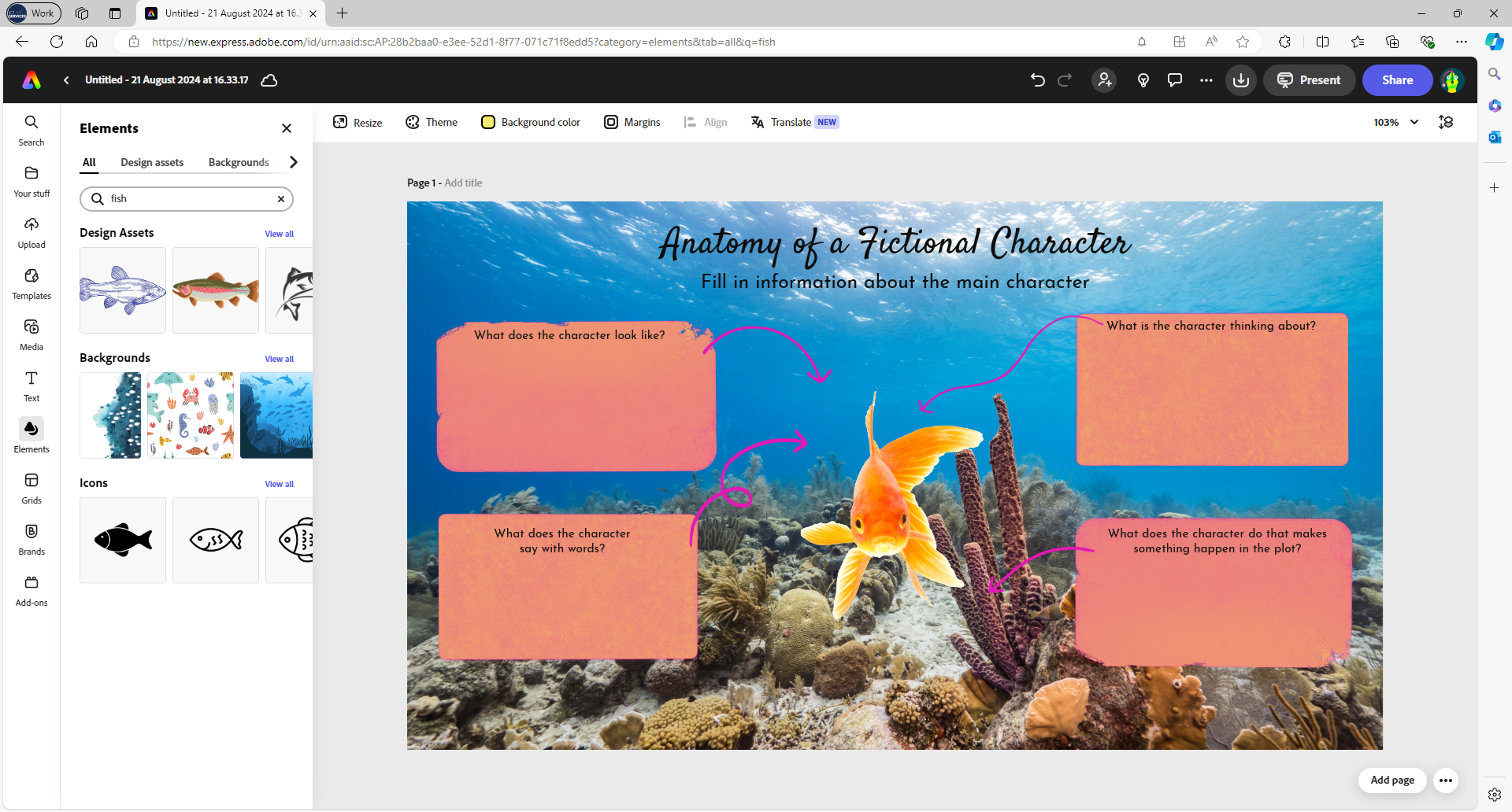 The template has been customised. The background is an underwater reef and the character is a goldfish. 