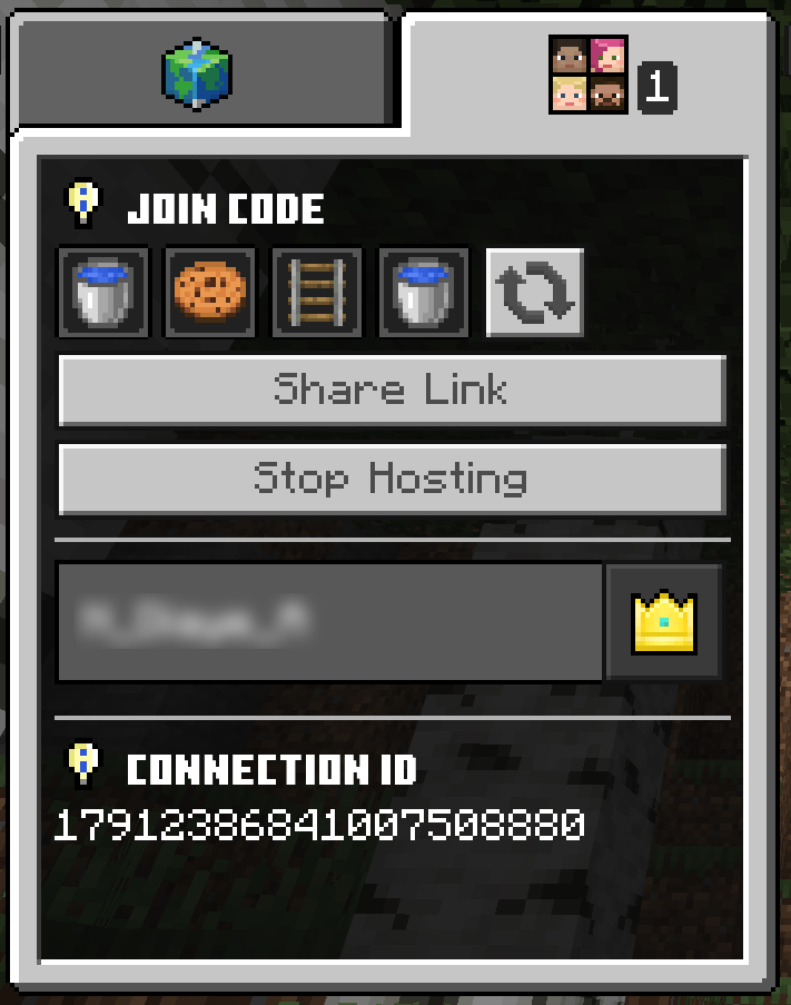 The sharing tab showing the join code: bucket, cookie, ladder, bucket and the other menu options available: the &lsquo;share link button&rsquo;, &lsquo;stop hosting button&rsquo;, name of the player hosting and the connection ID.