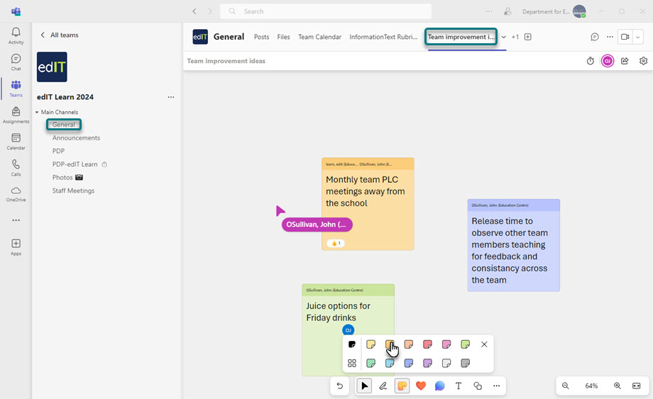 A whiteboard displayed as a tab in a Microsoft Team with sticky notes which different teachers have added around team improvement.