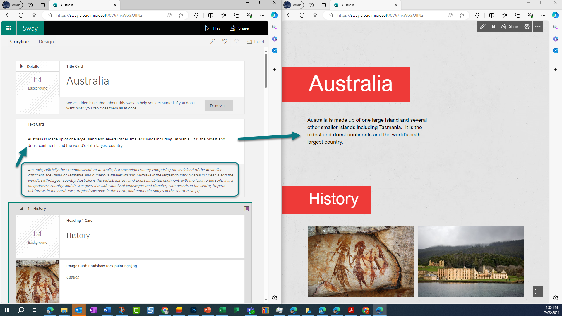 The editing screen is shown on the left with text fields added for students to write an information report on Australia. In the right half of the screen the view screen shows a preview with headings, body copy text and images.