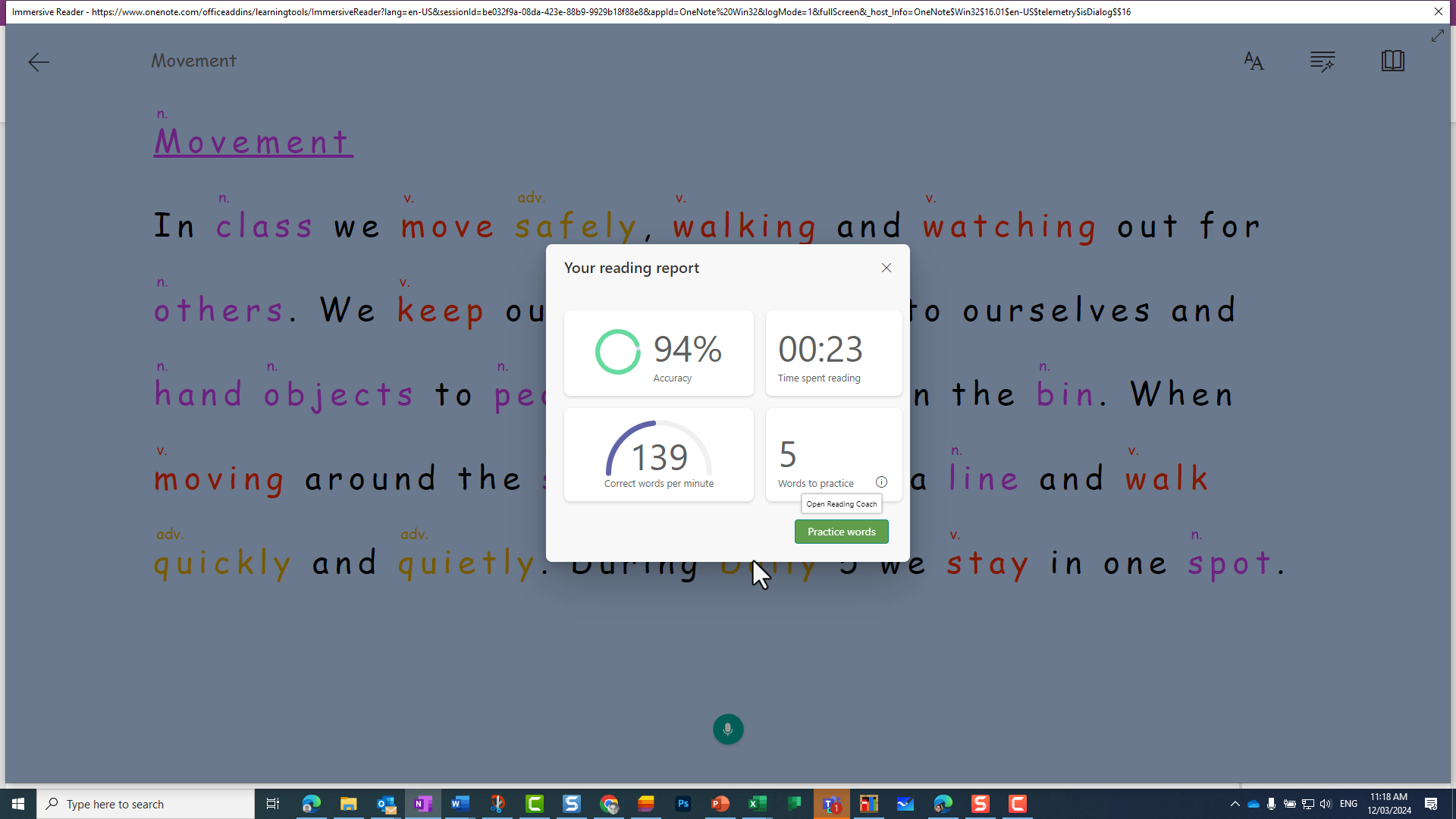 The reading report which is displayed for the student after they use the Reading Coach feature in Immersive Reader in Word (Web app). It shows the accuracy, time spent reading, correct words per minute and the number of words the student needs to practise.
