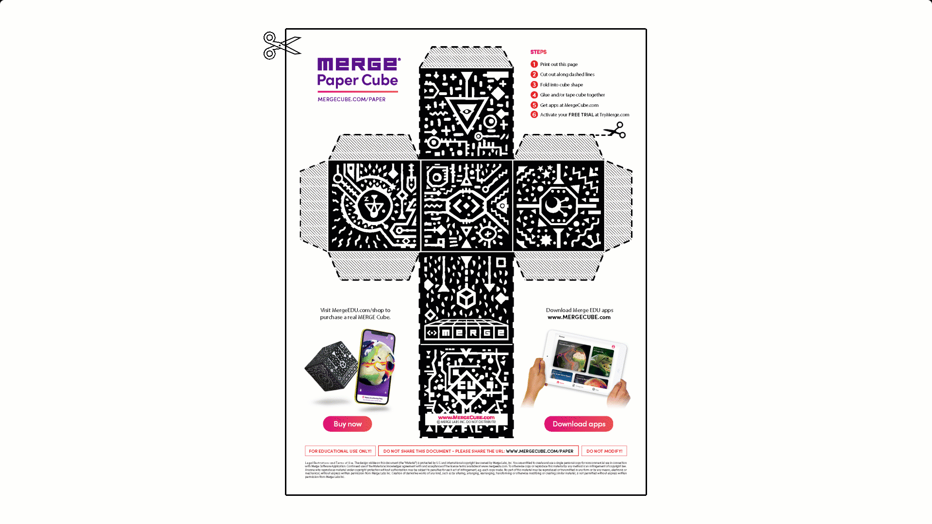Animation showing where to trim the Merge Cube paper template at the top and left side before photocopying the template. 