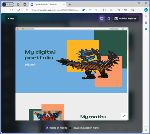 digital student portfolio example created in Canva with a dragon image and title at the top and a maths section down the bottom.