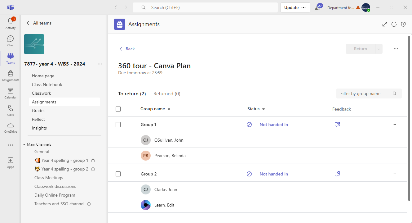 A group assignment set up in Microsoft Class Teams showing 3 columns for the student&rsquo;s name, the status of their work and feedback. The teacher can use the feedback column to add comments to the group by clicking on a speech bubble icon.