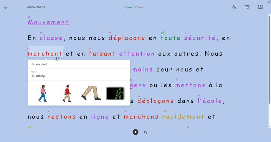 The 'movement&rsquo; rule of a class shown translated into French. The cursor is hovering over the word &lsquo;marchant&rsquo;. The pop up underneath displays the French word and a listen icon, the English translation &lsquo;walking&rsquo; and a listen icon and 4 illustrations of people walking.