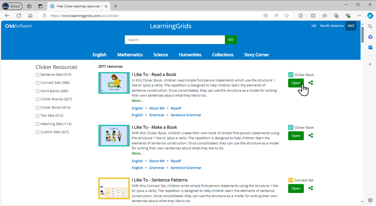 Browsing pre-built grids on the LearningGrids website. The cursor is poised to select the 'Open' button on the right of the resource description. Selecting the button will download the Clicker file.