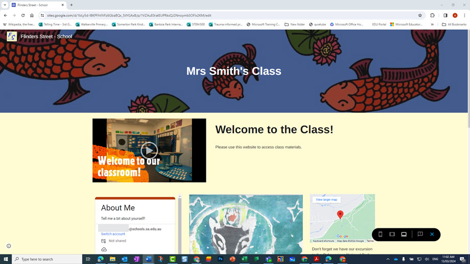 A teacher&rsquo;s class Google Site with a banner at the top with the teacher&rsquo;s name, &ldquo;Mrs Smith&rsquo;s Class&rsquo;. Below the banner is a short, embedded video with a paragraph titled &ldquo;Welcome to the Class!&rsquo;.  Below the video there is a Google Form embedded, an image of some student artwork and a Google Map.