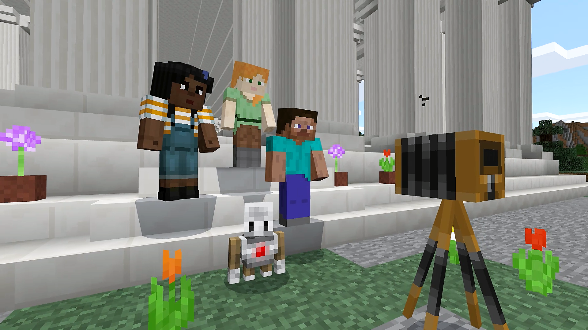 Minecraft Education in game play with players using the camera to take a selfie.