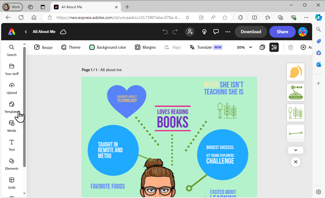 In Adobe Express's design workspace, someone is creating an 'All About Me' poster, with the cursor positioned over the template section in the left side menu.