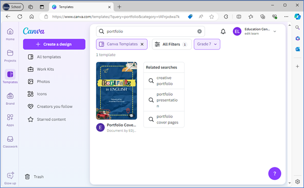 Canva templates screen showing the search results for portfolio with one filter applied. Grade 7 has been selected from the filters and a Portfolio in English template is shown.