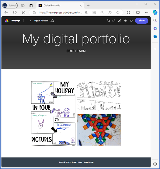 Student digital portfolio example created in Adobe Express with a heading and 3 images of student work: 2 drawings and a photo of a pattern.