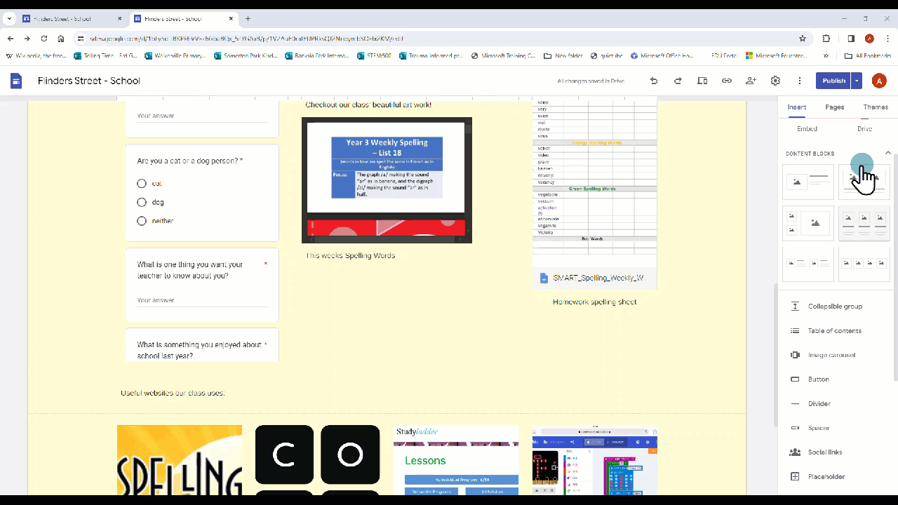 A Google Sites website with a range of different components added.  The cursor is hovering on the right side menu to show the different page layout and components that can be added.