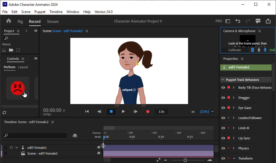 Alt text: Character Animator interface with a female character.